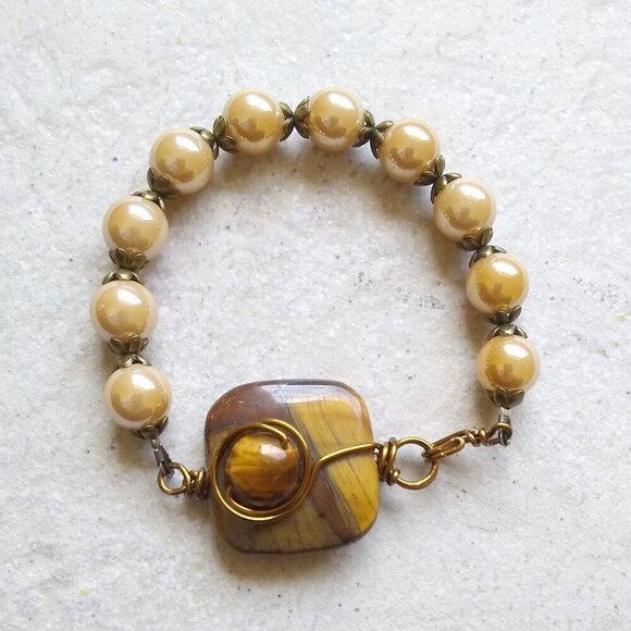 TigerEye & Shimmering AB Glass Beaded Bracelet! Handmade & One-of-a-kind Jewelry - Picture 2 of 11